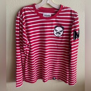 HiPanda Red & White Striped Long Sleeve Shirt w/ Angry Panda Logo Shirt Size: L